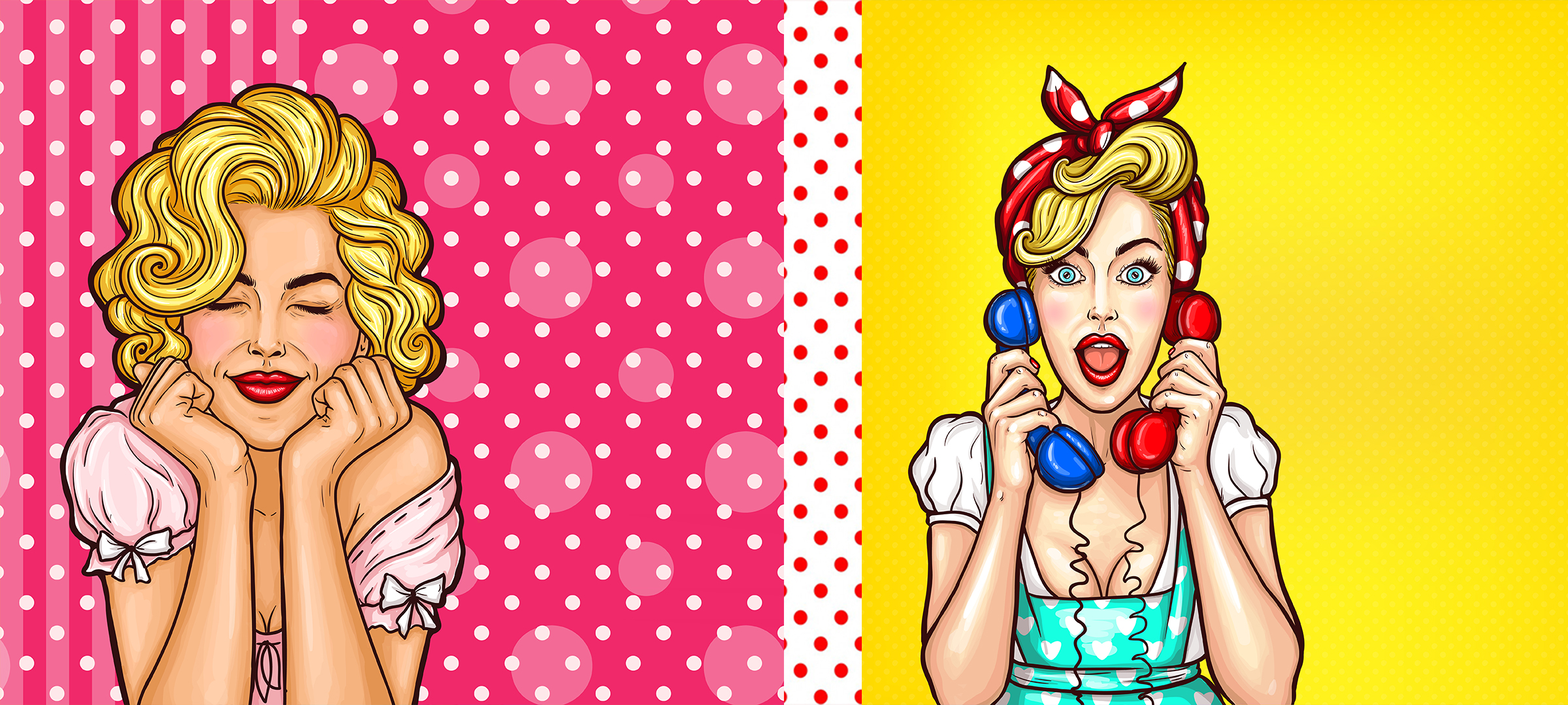 Marilyn on pink polka dot background and woman with kerchief holding a blue phone and a red phone